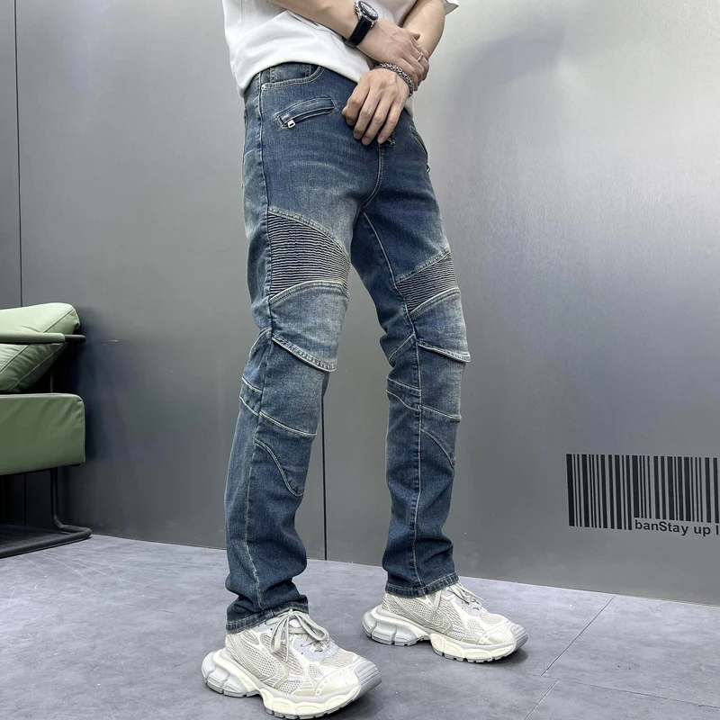 Blue retro biker's jeans for men2024new slim straight stretch casual patchwork pleated design long pants