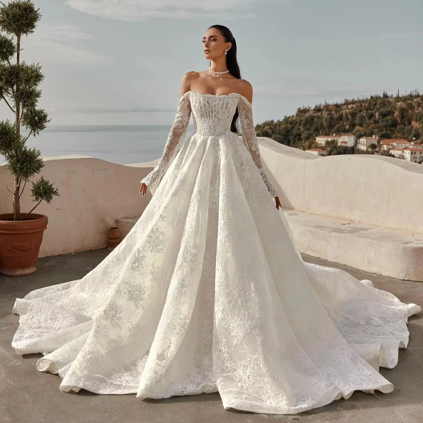 

Luxury Lace Wedding Dresses Women A Line Off the Shoulder Bridal Gown Long Sleeves Formal Evening Dress Customized