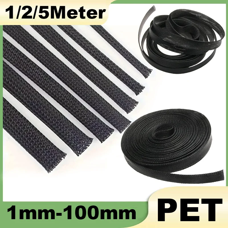 1/2/5M Black Insulated Braid Sleeving 1/2/4/6/8/10/12/14/16/18/20/25/30-100mm Tight PET Wire Cable Gland Protection Cable Sleeve