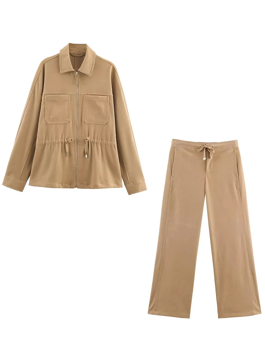 투윈스타일 여성용 투피스 세트 스탠드 칼라 긴팔 패치워크 드로스트링 재킷 하이웨이스트 스트레이트 팬츠 슈트 여성용