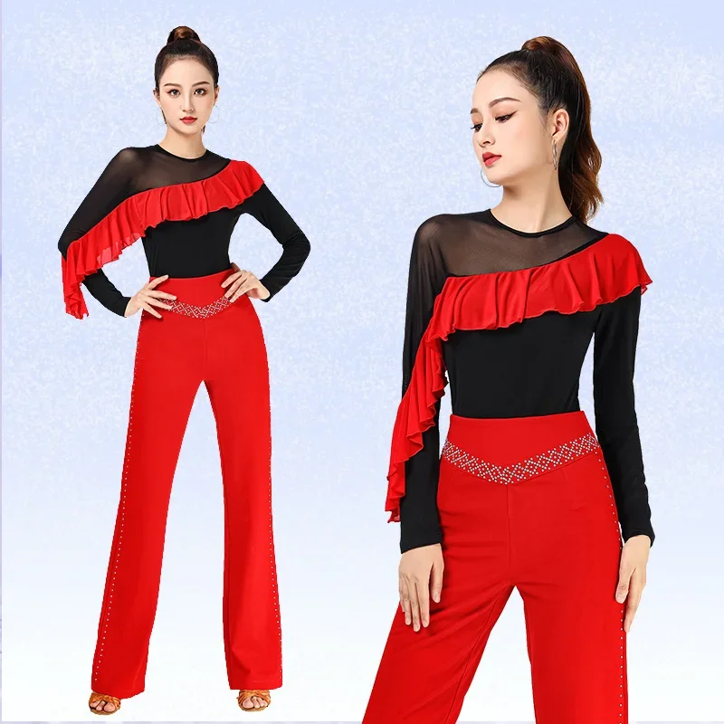 Modern Latin Dance Top New Style Gypsy Bar Dance Outfit Mesh Wave Sleeves Red Long Sleeve For Sports Shoes And Accessories