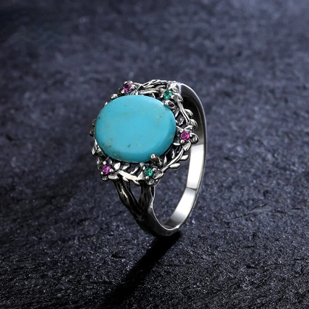 Silver Rings 9*11MM Natural Turquoise Ring Retro Leaves Flowers Shaped Inlaid Zircon Ring for Women Gift Fashion Wholesale