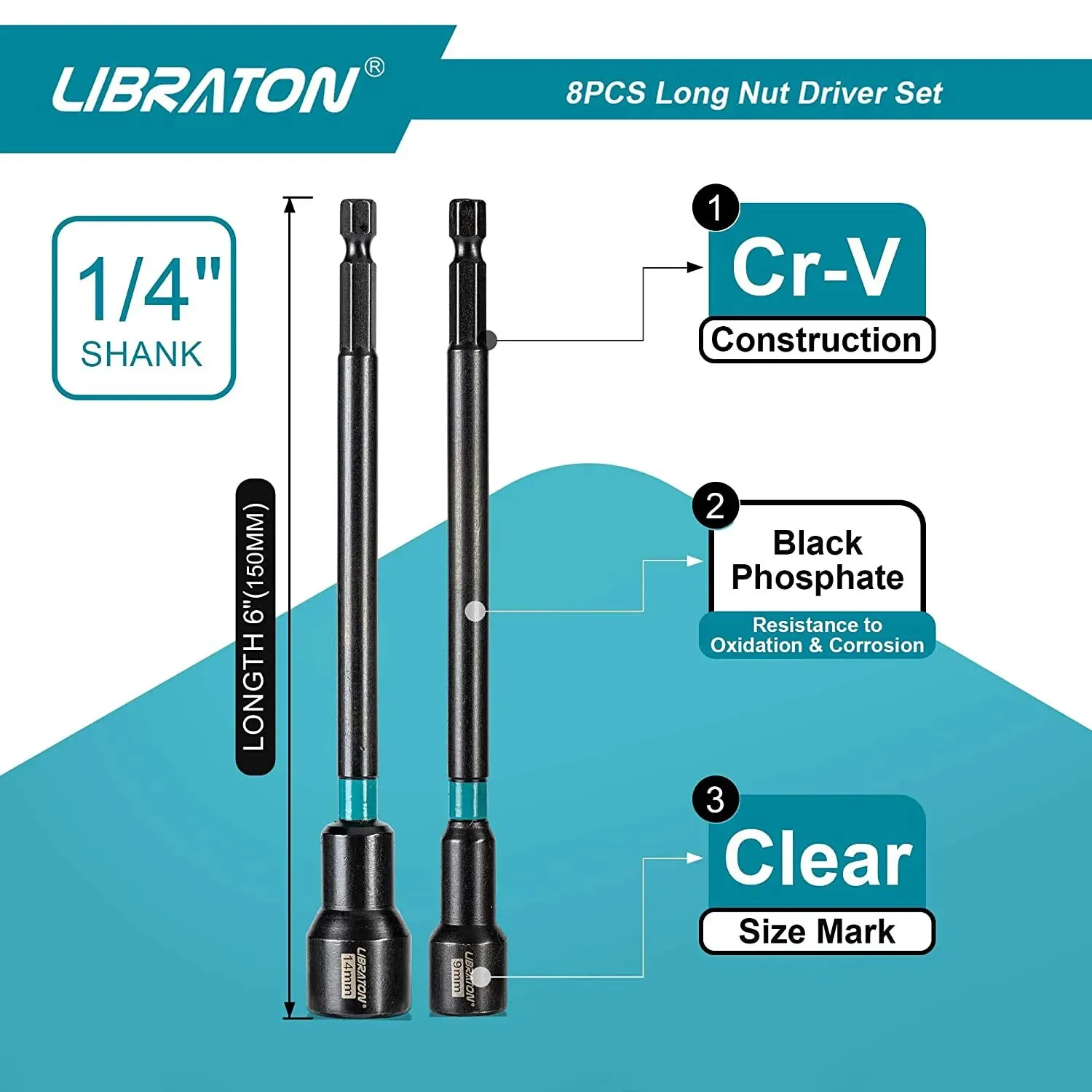 Libraton 8PCS Magnetic Nut Driver Set Metric Long Nut Drivers Impact Drill Long Shank Nut Driver Bits Hex Shank Long Power Bits