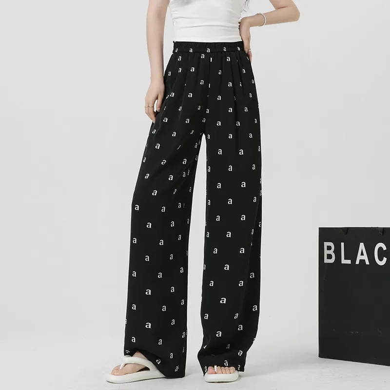 Pantalones informales con estampado de letras para mujer, pantalón de pierna recta de longitud completa, cintura alta, estilo coreano, versátil, Verano