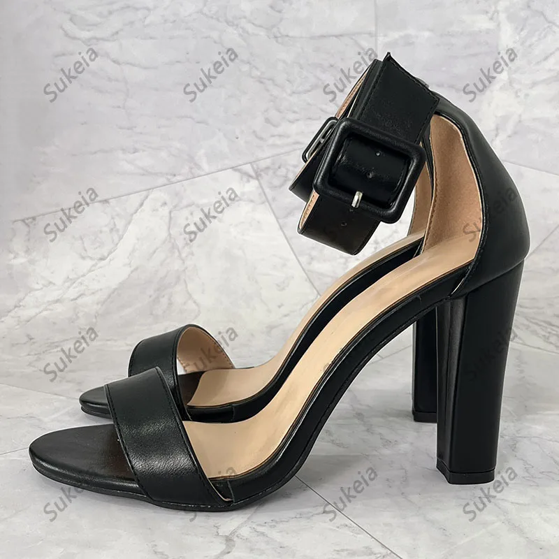 Sukeia New Arrival Women Ankle Wrap Sandals Faux Leather Chunky Heels Open Toe Classics Black Dress Shoes Ladies US Size 5-20