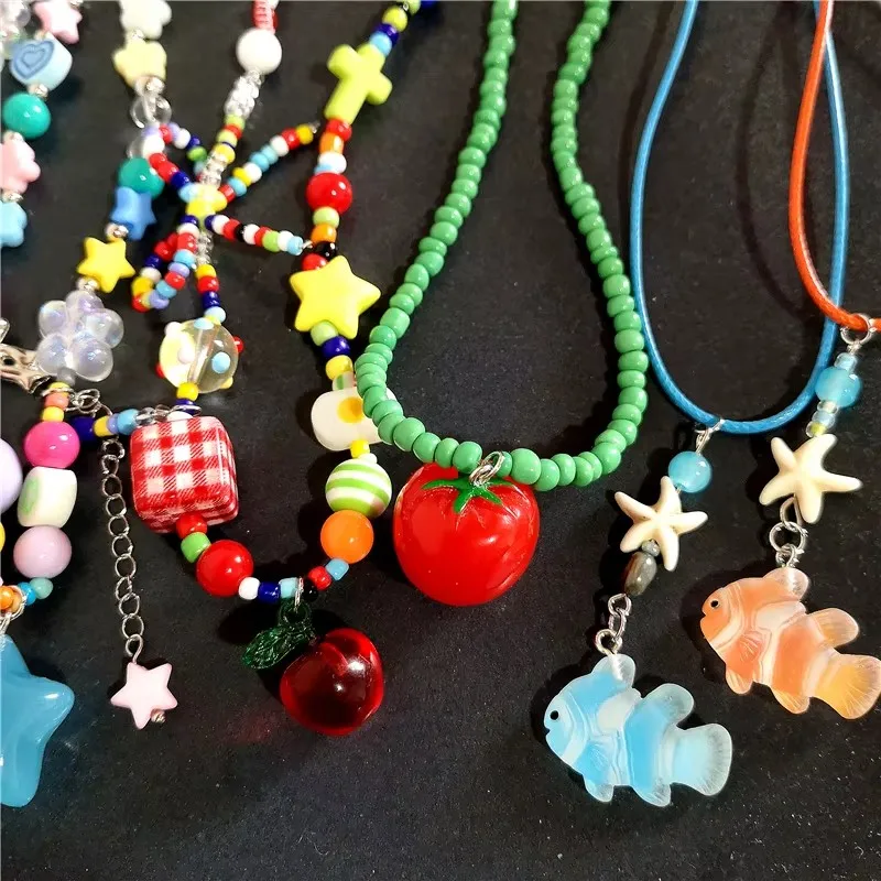 Cute Summer Y2K Heart Fruit Tomato Bowknot Pendant Colorful Beaded Necklace For Women Kpop Aesthetic Jewelry EMO Accessories