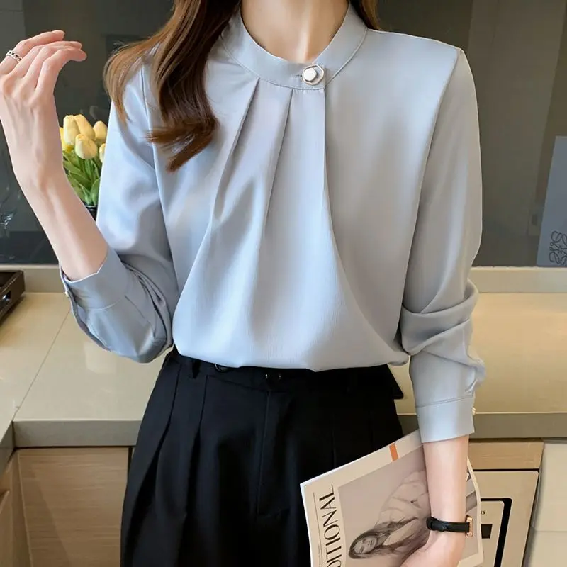 Elegant O-Neck Button Spliced Loose Folds Blouse Women's Clothing 2024 autumn New Casual Pullovers Solid Color Office Lady Shirt