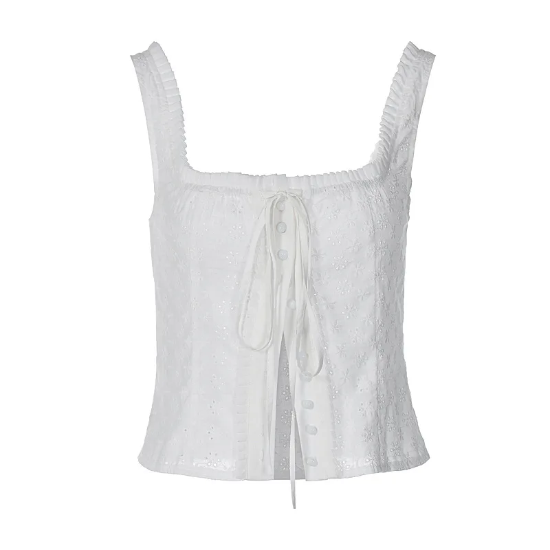 

2024 Summer Women Crop Top Cotton Clothing Button Square Collar Straps Office Elegant Sexy Party Festival Y2K Streetwear