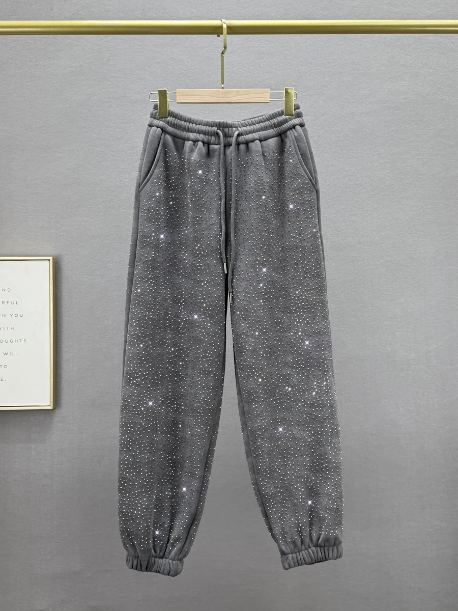 

Thiened Fce Women's Harlan Pants High Waist Loose Fit Slimming Heavy Du Star Rhinestone Winter New Arrival Street Sle