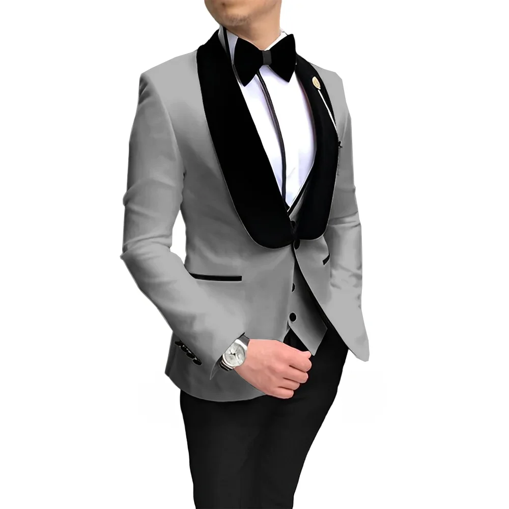 Elegant Men\'s 3-piece Suit Set Velvet Collar Design Formal Groom Tuxedo Wedding Outfit (Jacket Pants Vest)XS-5XL