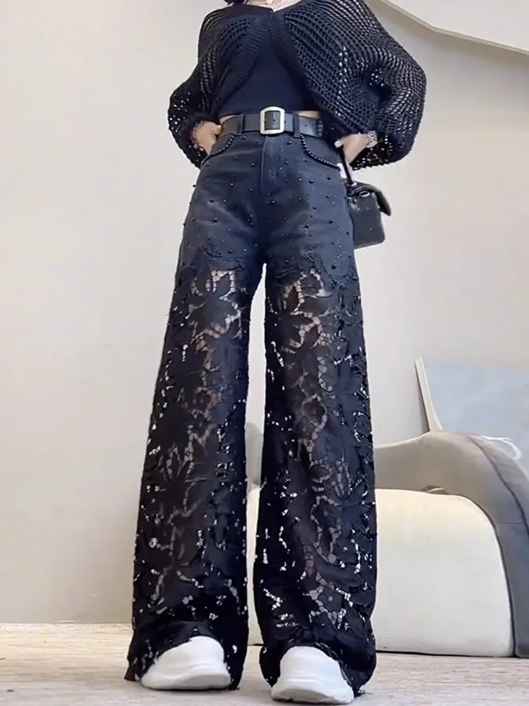 Summer New Women Sexy Lace Floral Crochet Spliced Denim Pants Beading Jeans High Street Long Trousers Loose Fit Wide Leg Pants