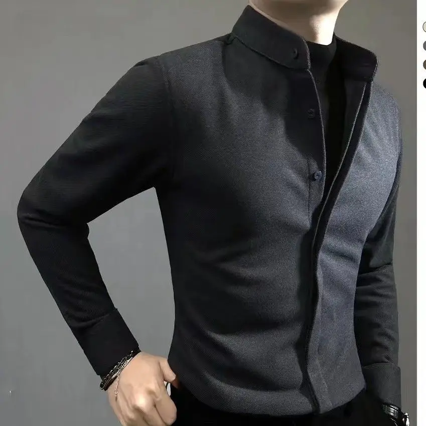 Fashion Business Autumn Winter Men Clothing Shirt Coats Solid Stand Collar Single Breasted Versatile Casual Slim Long Sleeve Top