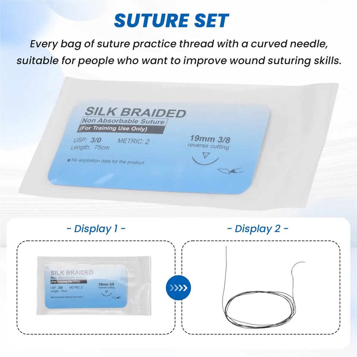 DT38 12Pcs Suture Set, Silk Thread Suturing Kit with CurvedNeedle Wound Suture Practice Thread for Clinic for Veterinary