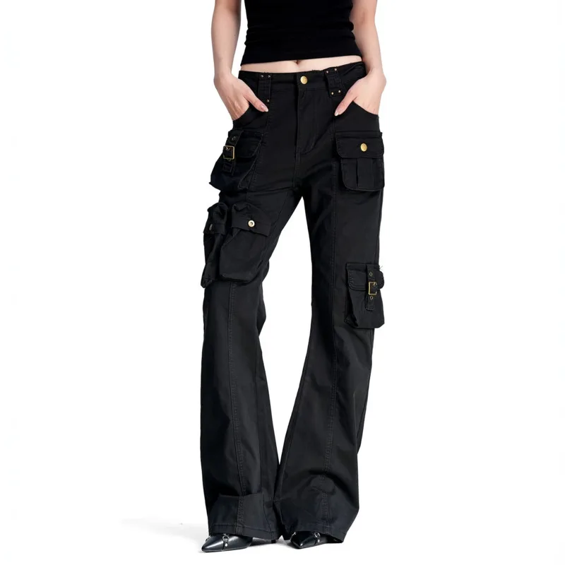 Trendy American Style Men's Micro Flared Cargo Jeans Slim Fit Rivet Splicing Multiple Pockets Casual Bootcut Pants 5NC2