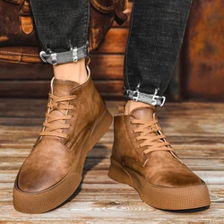 Autumn Men Ankle Boots Motorcycle Boots Tooling Boots High-cut Solid Genuine Leather Sneakers Platform Skateboard Sport Shoes