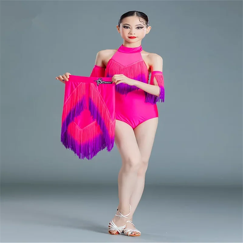 Children'S Latin Dance Dress For Girls Latin Competition Costumes Sleeveless Gradual Fringed Dress Performance Outfits faldas
