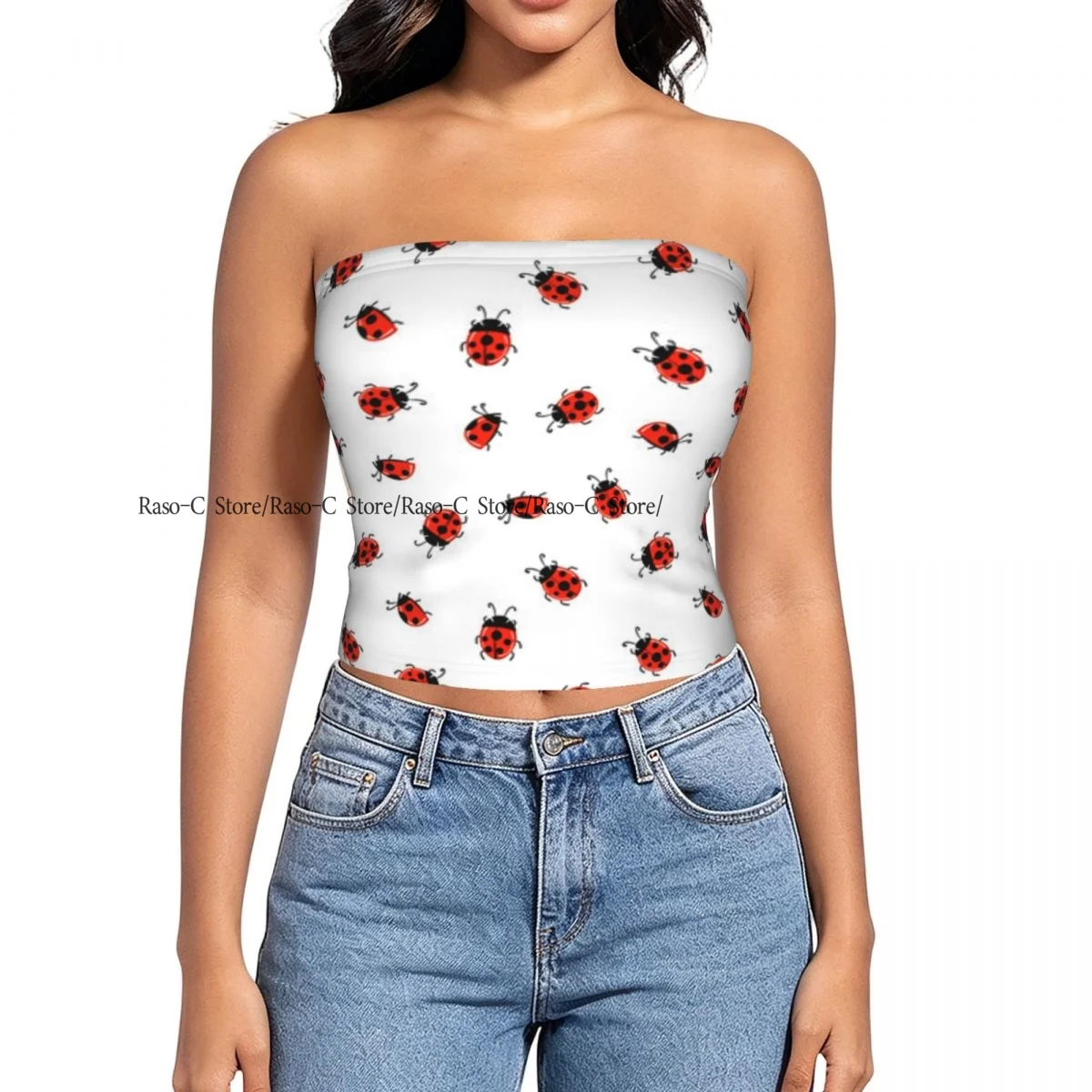 Women's strapless halter top Ladybird Polka Dots Background summer sexy short-sleeved top