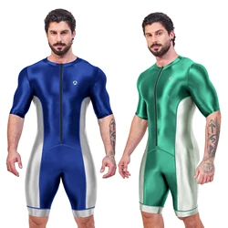 AMORESY Shiny Satin Glossy Men Bodysuit Silk Smooth Surfing Suit Swimwear Yoga Sportswear Cropped Leotard Jumpsuit Swimsuit