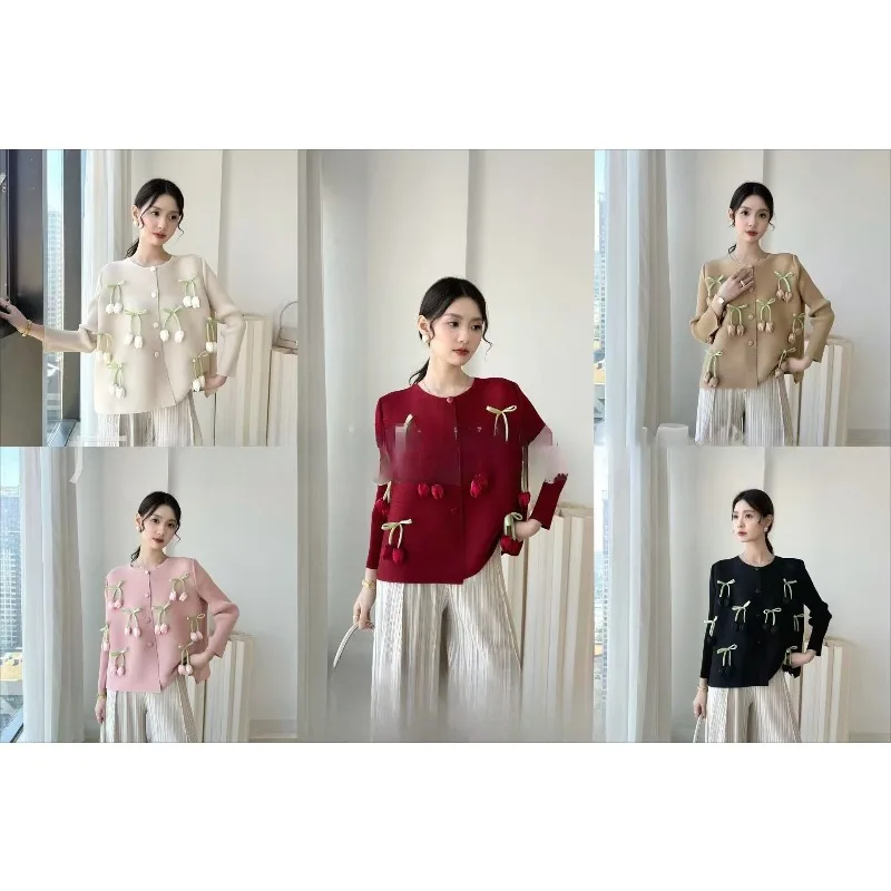 

Miyake Pleated 2025 Fall and Winter New Solid Color Cherry Bow Pleated Blouse Shake Loose Fashion Thin T-shirt Female Pleated