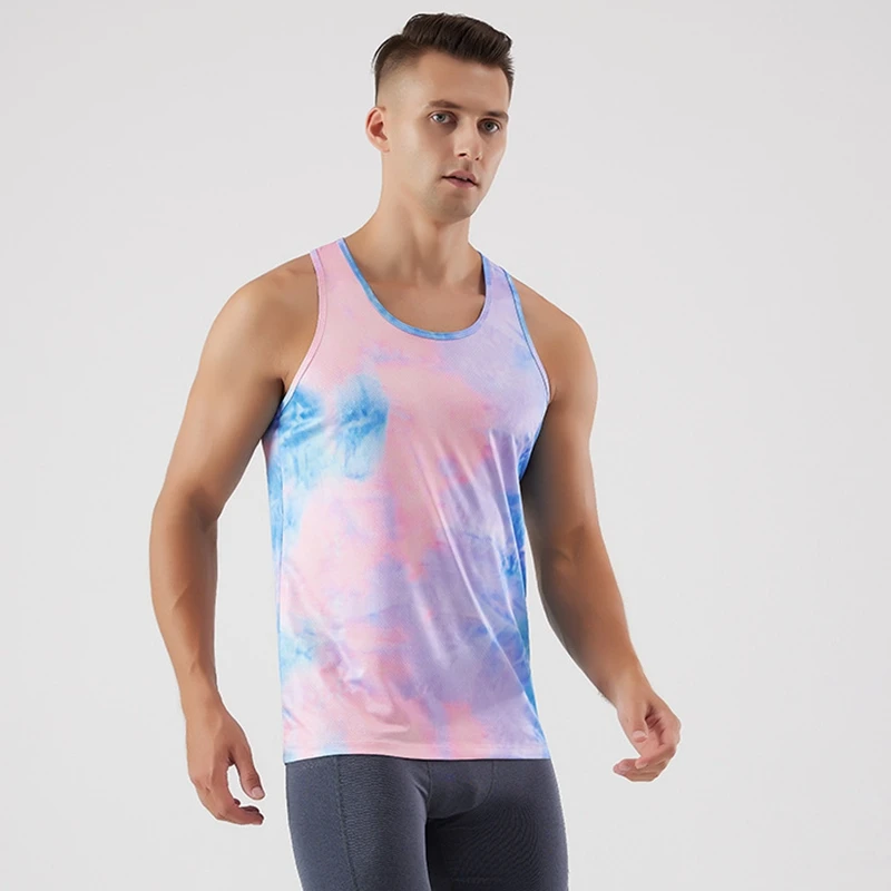 Fashion Tie-dyed Vest Men Exercise Sleeveless Tee Loose Marathon Running Quick-dry Breathable Tank Tops Track Field Male Clothes