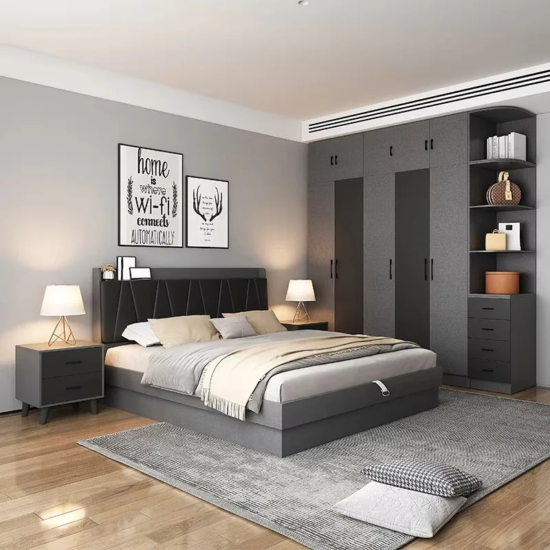 Juego de Dormitorio Coreano que Ahorra Espacio, Diseño Europeo Completo, Elegante Juego de Dormitorio Doble, Camas y Muebles de Lujo y Confortables para el Hogar