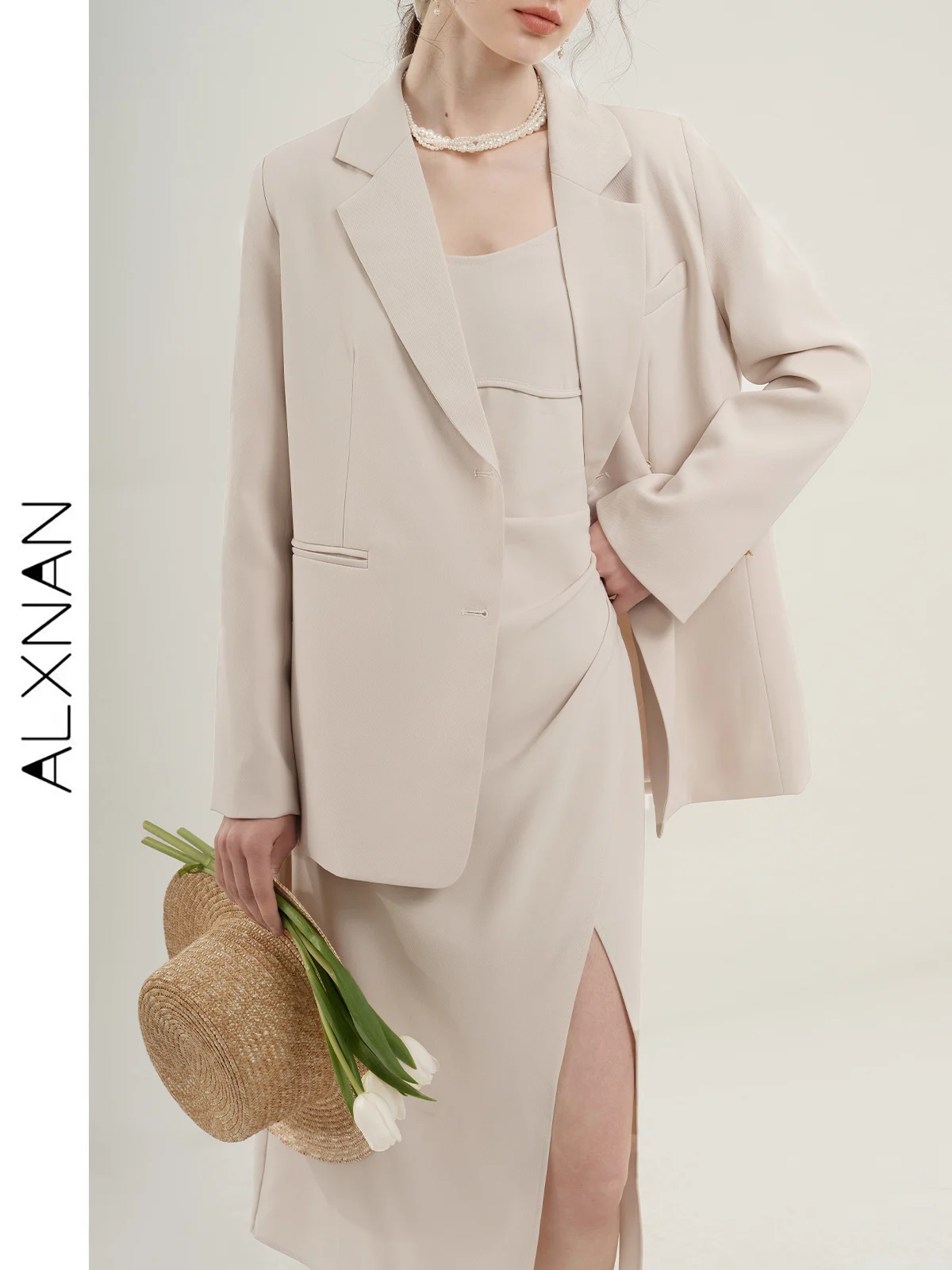 ALXNAN Vrouwen Blazers 2024 Lente Nieuwe Elegante Leisure Solid Lange Mouwen Mode Luxe Loose Fit Jas Dameskleding LXN 287105