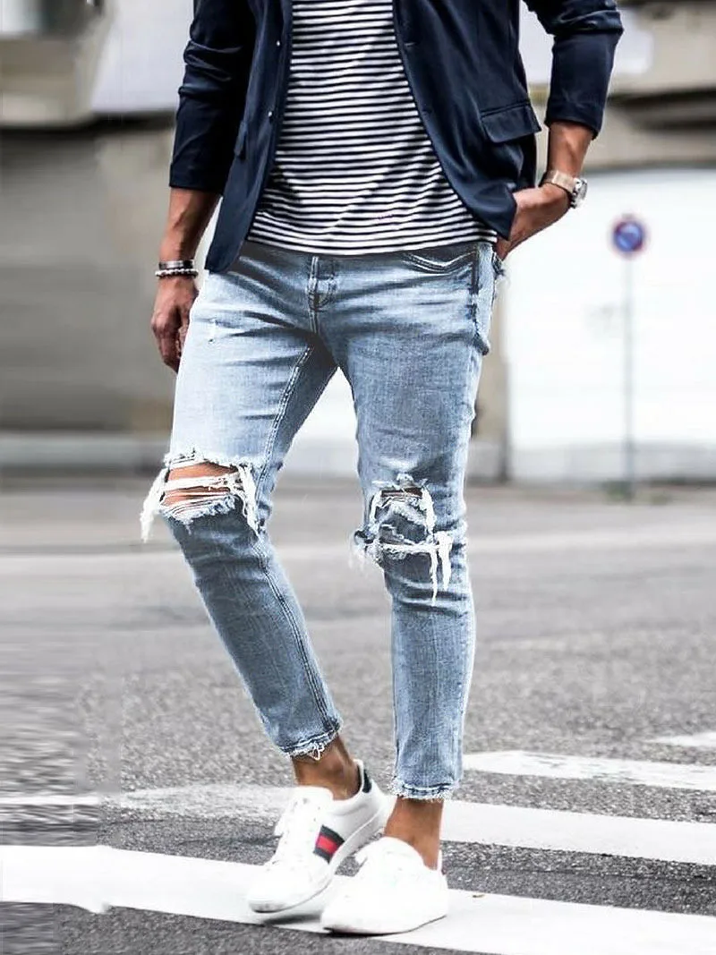 2024 New Male Hip Hop Jean Trousers Mens Solid Color Hole Skinny Vintage Jeans Fashion Washed Ripped Slim Denim Pants For Men