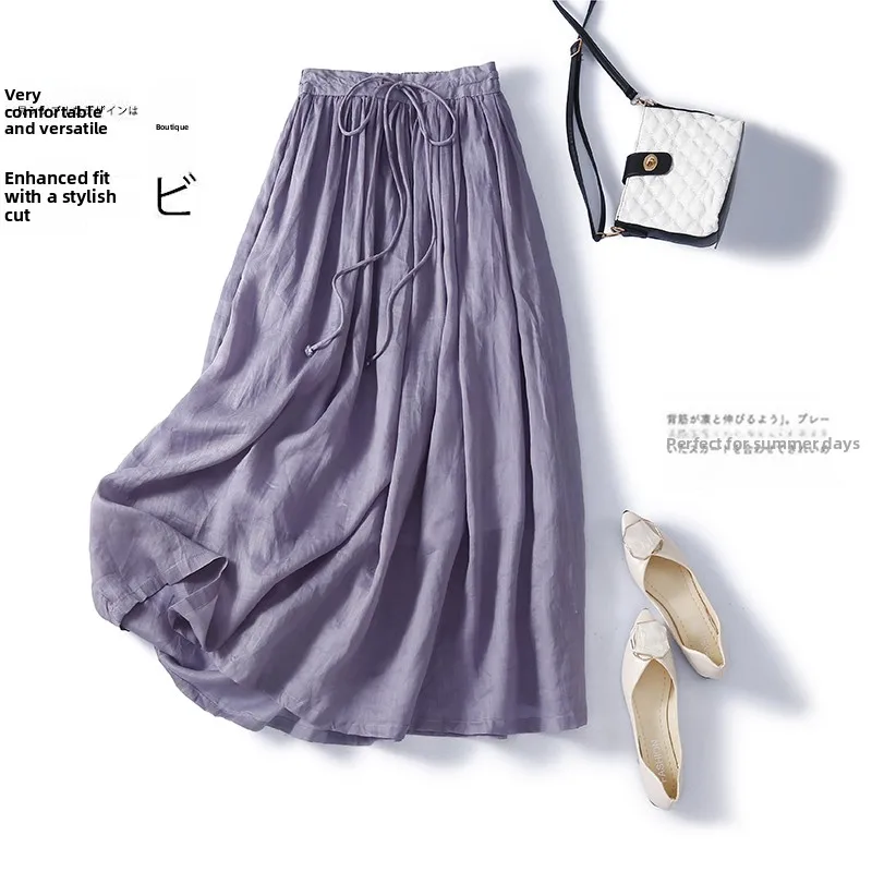 High-End Pure Color Women's Cotton Linen Midi Skirt Elastic Waist Versatile Quality A-Line Simple Style Inner Lined Half-length