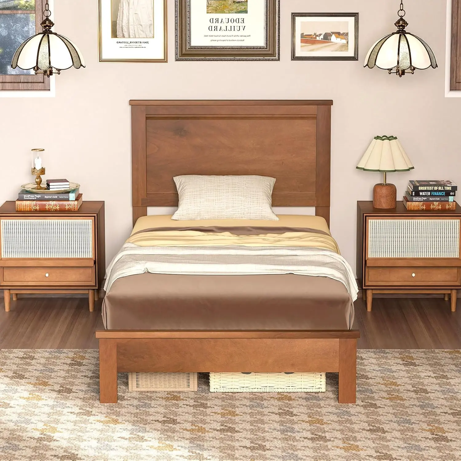 Wood Twin Bed Frame with Headboard, Mid Century Platform with Solid Legs & Slat Support, for Kids Adults, Walnut, Customized