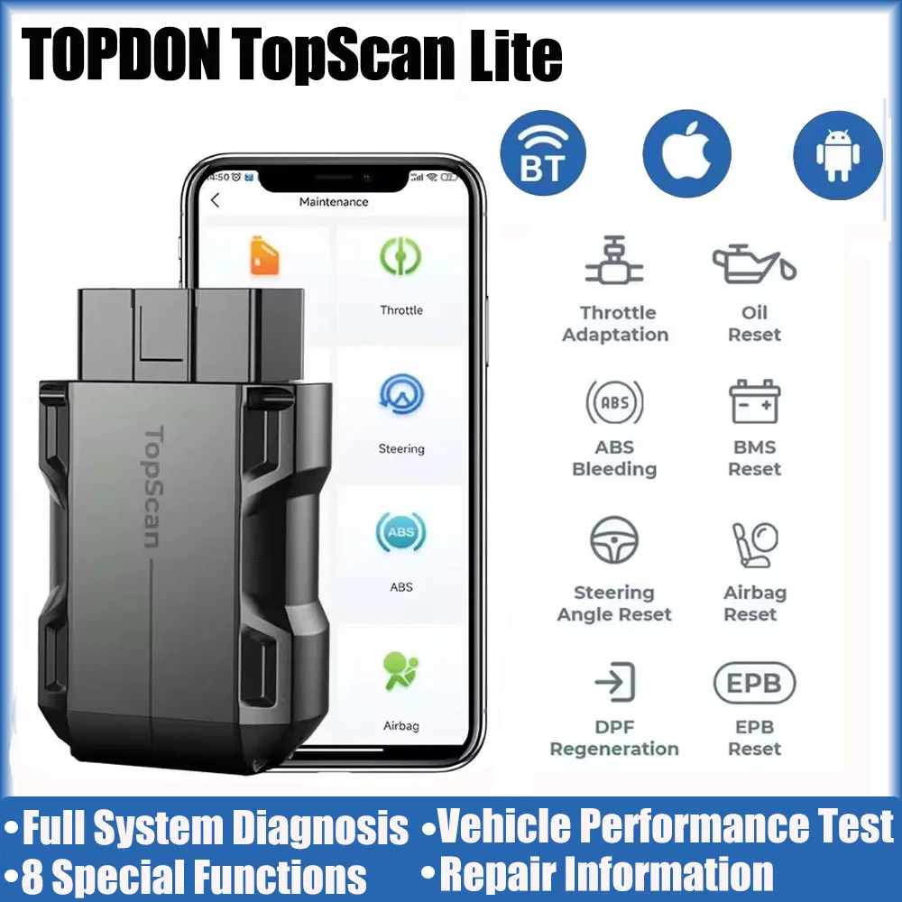 Topdon topcan lite obd2 scanner sistema completo ferramenta de diagnóstico inteligente automático dtc guia reparo bluetooth obd2 leitor código teste ativo
