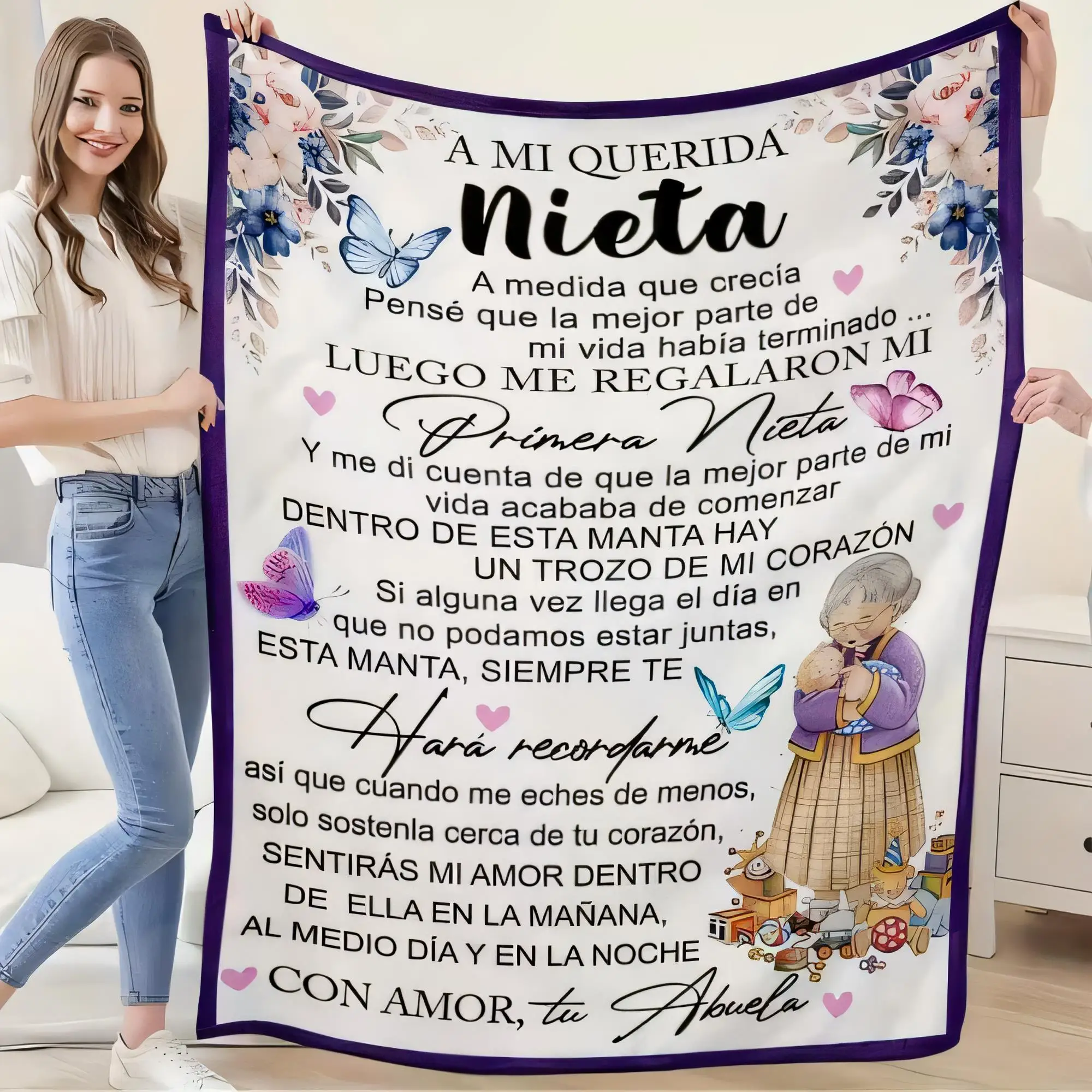 Manta decorativa Heartfelt 'To My Dear Neta' Blanco suave con borde morado, ilustraciones de mariposas y corazones, acogedor G