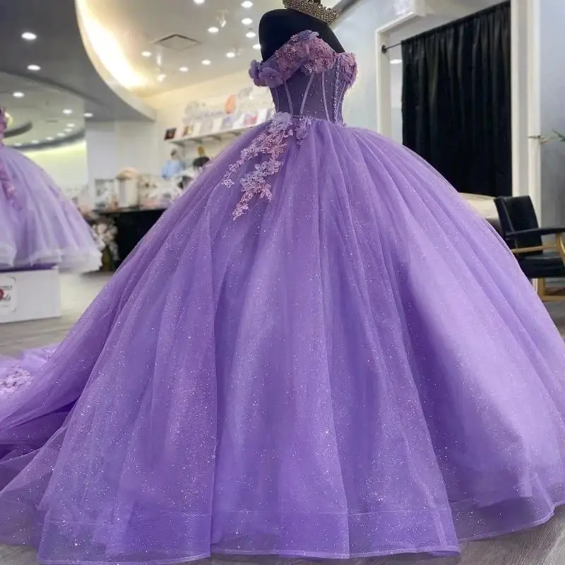 

Purple Princess Sweetheart Ball Gown Quinceanera Dresses Beaded Appliques Lace Beads Sweet 16 Dress Vestidos De 15 años