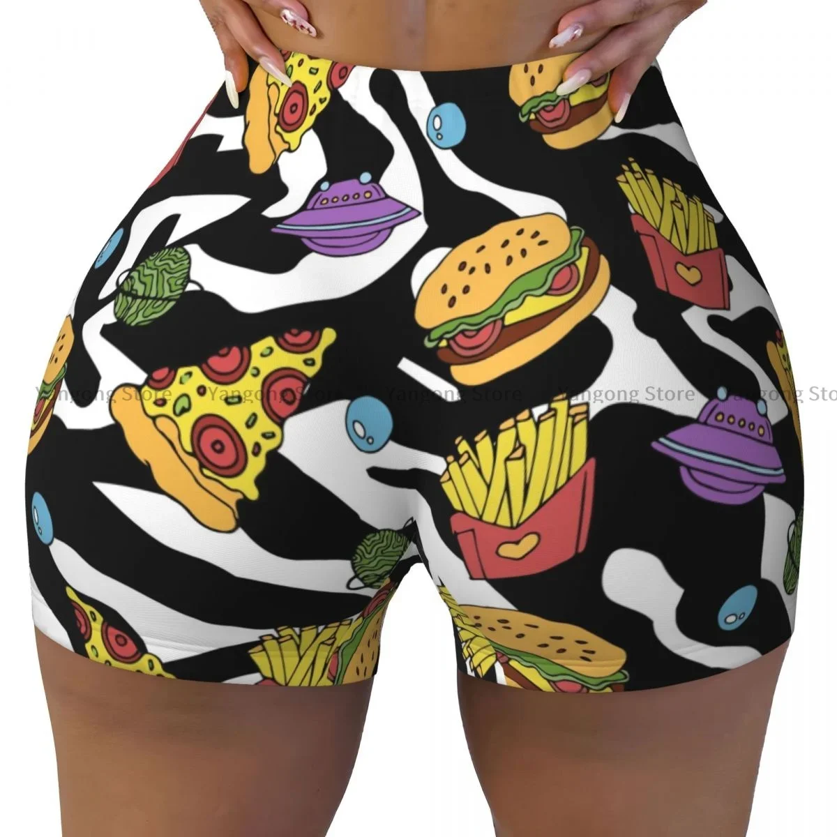 

Короткие эластичные шорты с эффектом пуш-ап, пицца, гамбургер, картофель фри на 80-х, 90-х годов, зебра, шорты для бега, шорты, женская одежда, тренажерный зал