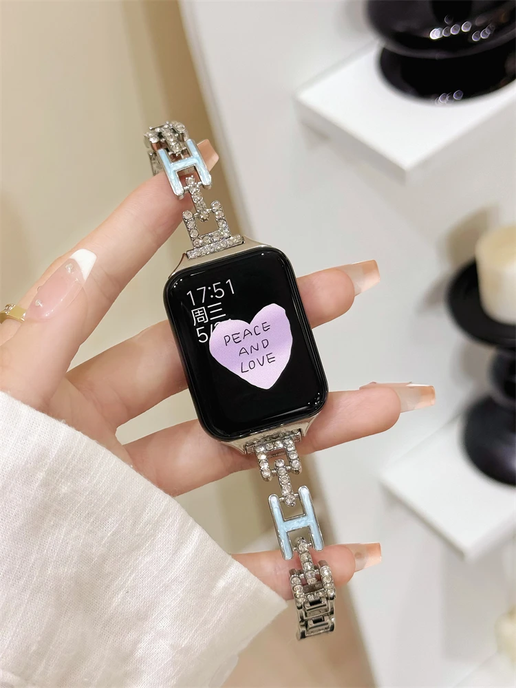 

H-shaped diamond studded metal strap suitable Xiaomi Band 8Pro/9Pro，For Mi band 3/4/5/6/7，8/8NFC/9/9NFC/10/10NFC，For Redmi Watch