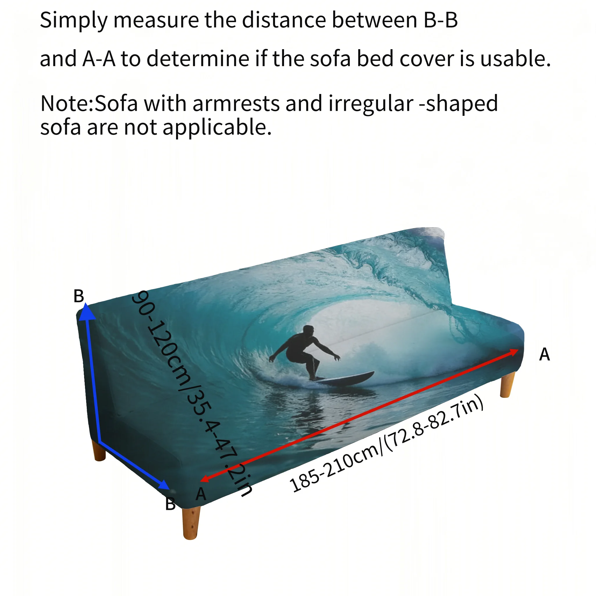 Armrestless high stretch sofa bed cover, deep sea surfing wave print pattern, dustproof machine washable sofa bed cover