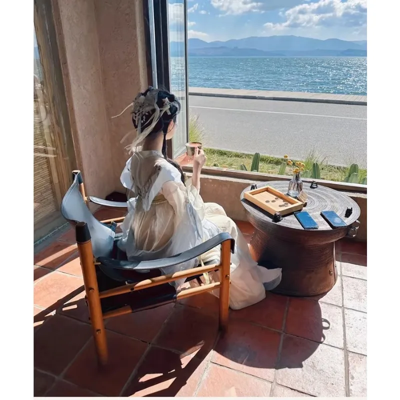 الشمال الرجعية خشب متين كرسي أريكة واحد غرفة المعيشة شرفة السرج الجلود مصمم الرماد الخشب كرسي من الجلد البني #2