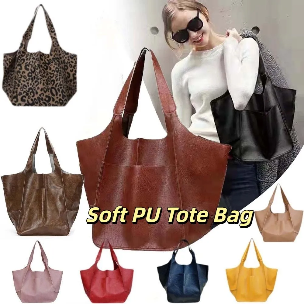 

Casual Soft PU Tote Bag Multi-Pocket American Style Large Capacity Shoulder Bag Solid Color Magnetic Button