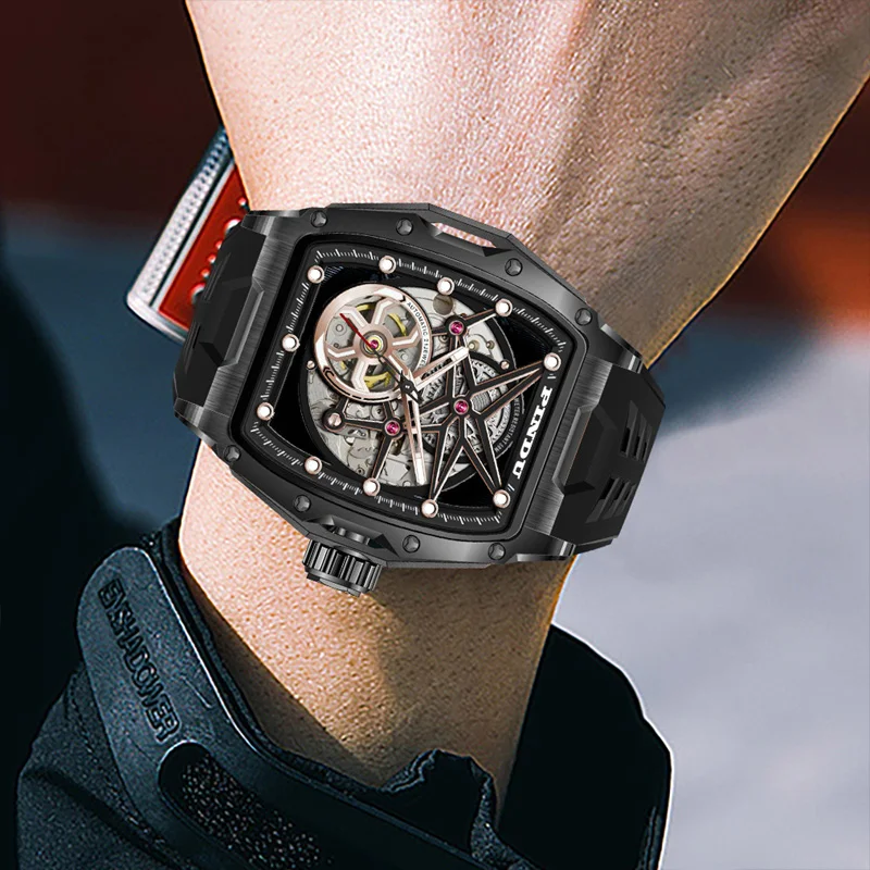 PINDU Luxury Men\'s Watch Automatic Mechanical Watch Hollow Design Waterproof Rubber Strap Men\'s Watch Luminous Reloj Hombre