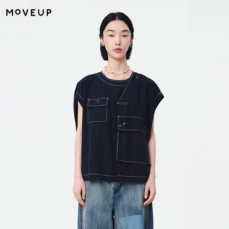 MOVEUP Casual Oversize Sleeveless Round Neck Shirt 2026 Summer New Asymmetrical Pocket Drawstring Commuter Women's Top 125220707