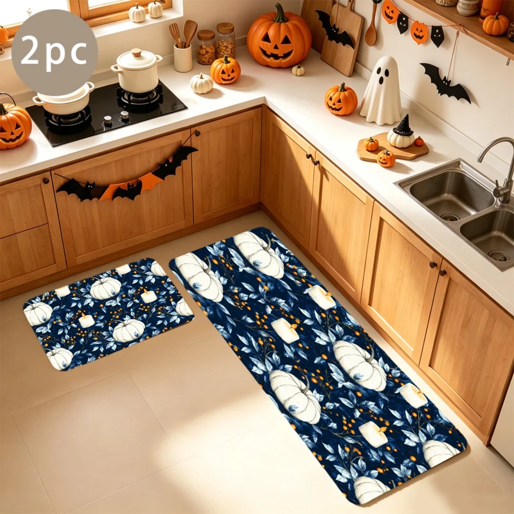 1/2/3pcs Kitchen Rugs, Welcome Door Mat Set, Home Halloween Decoration for Front Door, Kitchen, Bathroom, White Pumpkins And Leaves on Dark Blue Background Pattern Dining Mat, Housewarming Party Gift