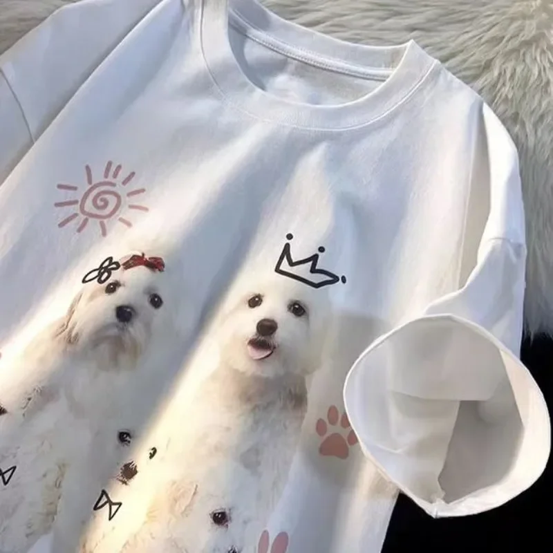 

American Fun Puppy Print Cotton Short Sleeve T-shirt for Men and Women INS Summer Loose Casual Couple Top Round Neck Clothing