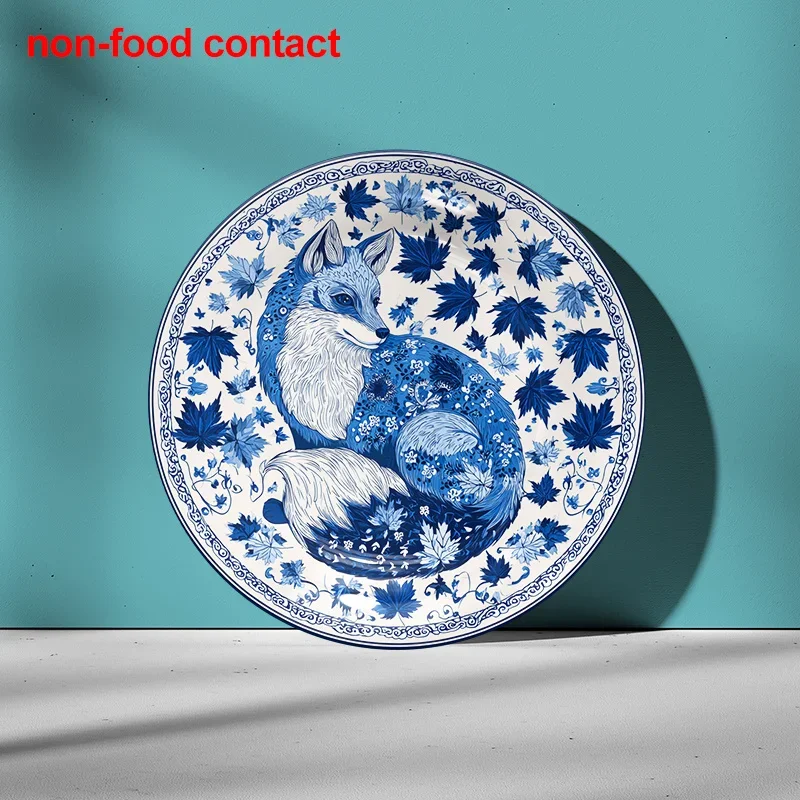 1pc 8.0inch Round Ceramic Hanging Wall Art Plate - Vintage  & White Fox with Maple Leaves Design, Non-Food Contact Home Decor,