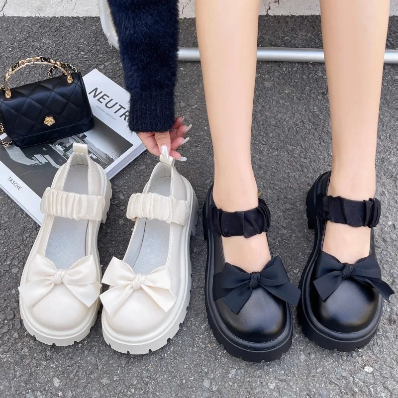 Chunky Platform High Heels Pumps Women Summer 2024 Leather Bow  Mary Jane Shoes Woman Thick Heeled Off White Black Lolita Shoes