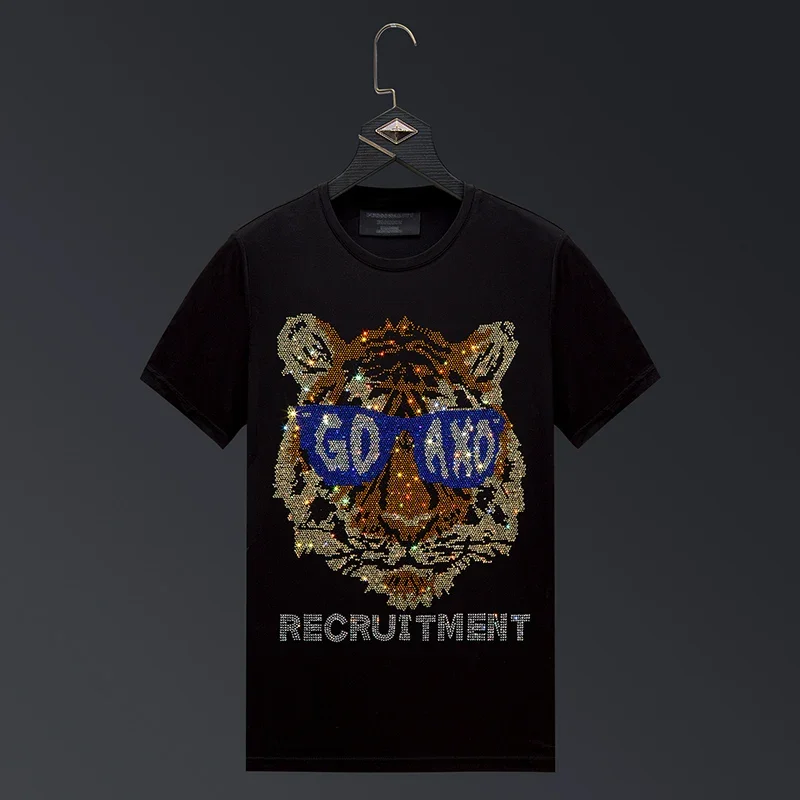 

2025 Funny Tiger Rhinestones T Shirts Men Fashion Streetwear O Neck Short Sleeve Slim Modal Cotton Casual T-shirts Plus Size 6XL