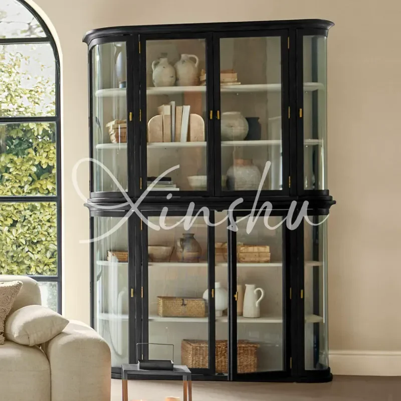 Black Solid Wood Dining Side Cabinet Villa Hot Bending Glass Display Cabinet Household Dust Proof Wine Cabinet Against The