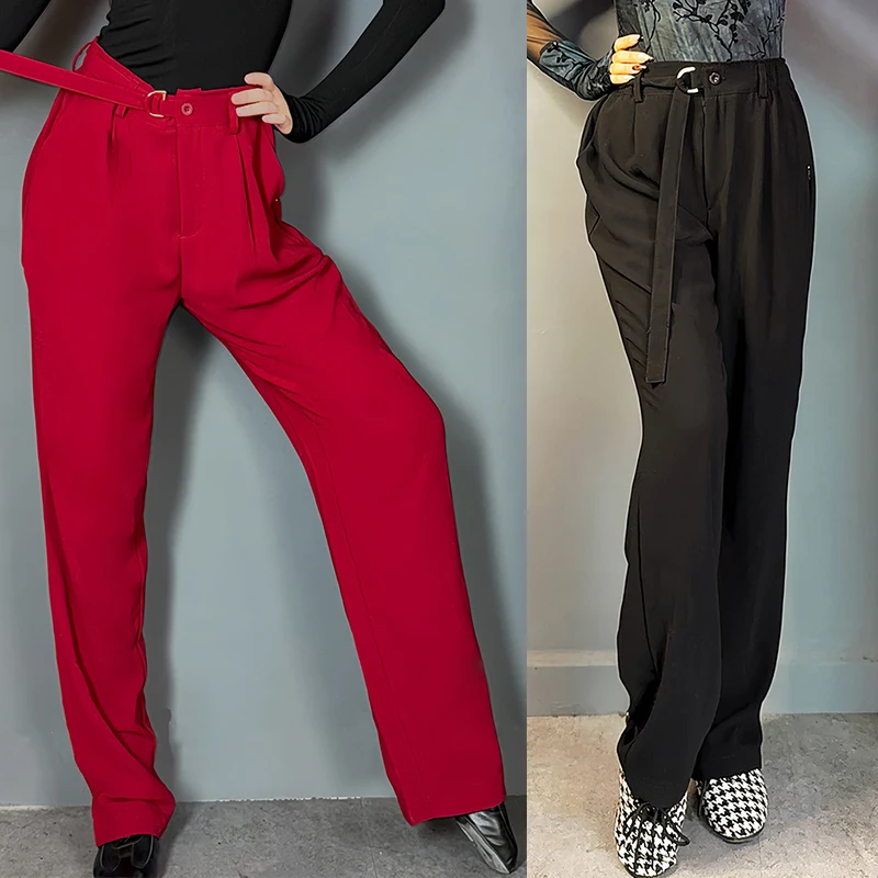 Pantaloni da ballo latino da donna Pantaloni da donna a gamba larga neri rossi a vita alta Abbigliamento da pratica per adulti Salsa Ballroom Dance Wear BL17477