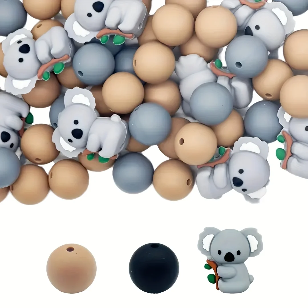 22 peças de contas de coala de silicone 3D com kit de contas redondas para chaveiros DIY, fabricação de joias, canetas de contas, pulseiras e feriados