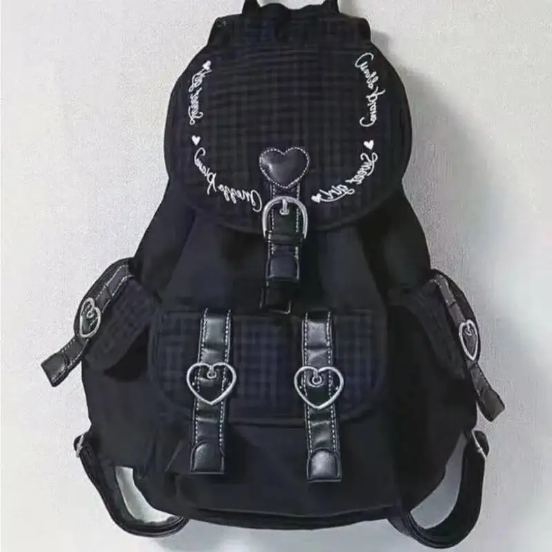New jean Korean Style Black Backpacks Drawstring Casual Students Bag Chic Large Capacity Tote Bag Heart Y2k Plaid Backpack Girls