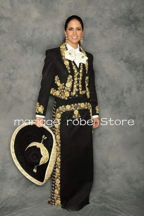 Black mariachi Suit Charro Prom Dresses Outfit Long Dleeve Jacket Three Pieces Gold Floral Applique Traje Mexicano Evening Gown