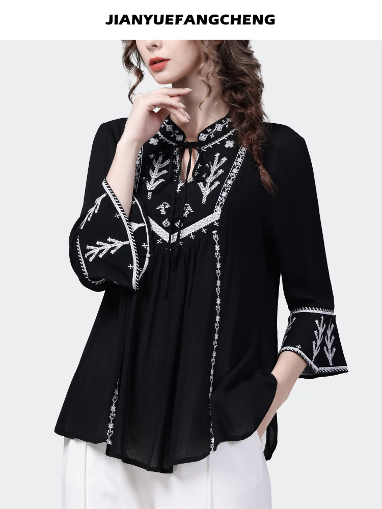 Vintage Ethnic Style Women Black Embroidered Shirt Loose Plus Size Stand Collar Flared Sleeve 2023 Spring Summer Tops Blouses